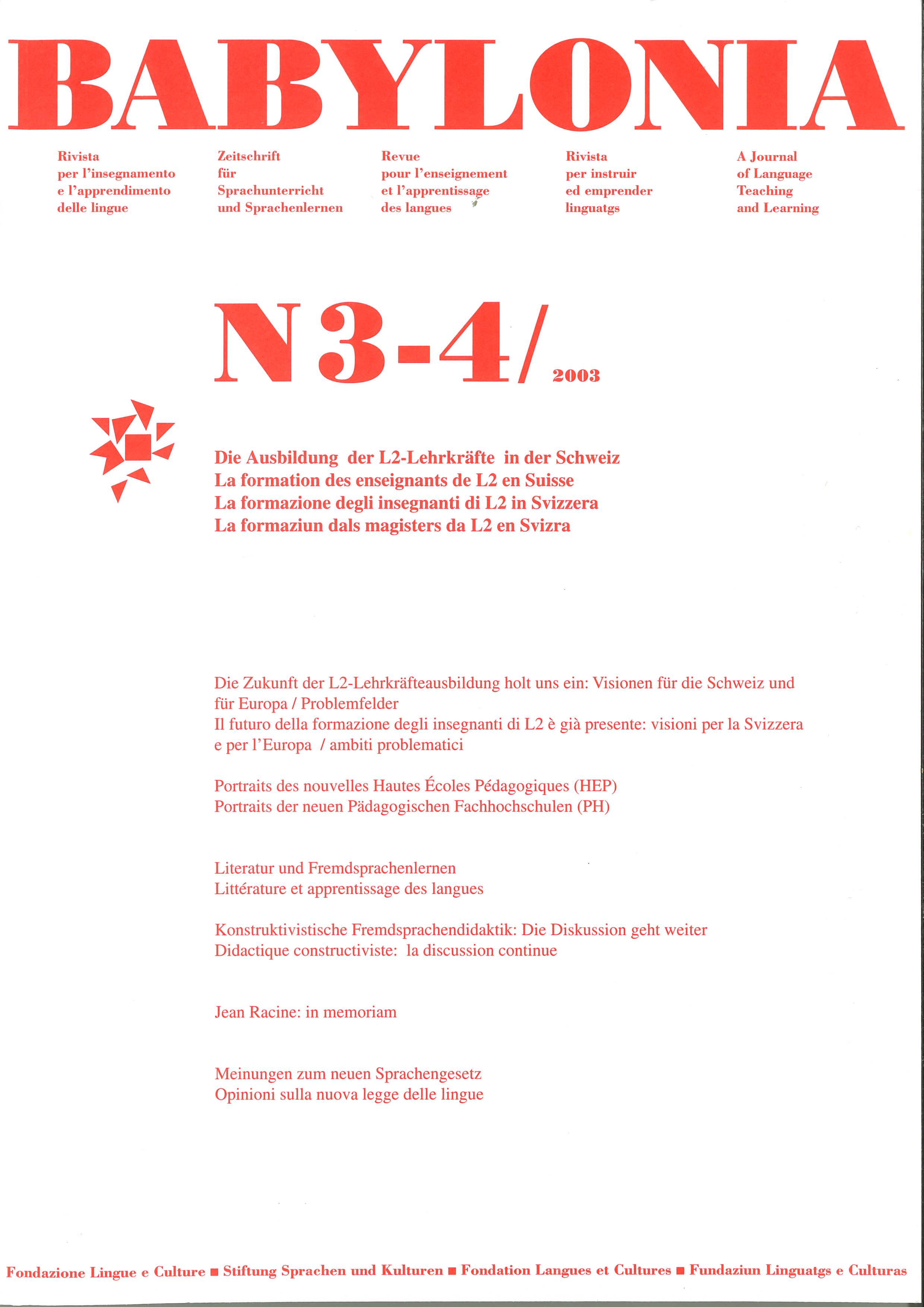 					View Vol. 3 (2003): L2 teacher training in Switzerland
				